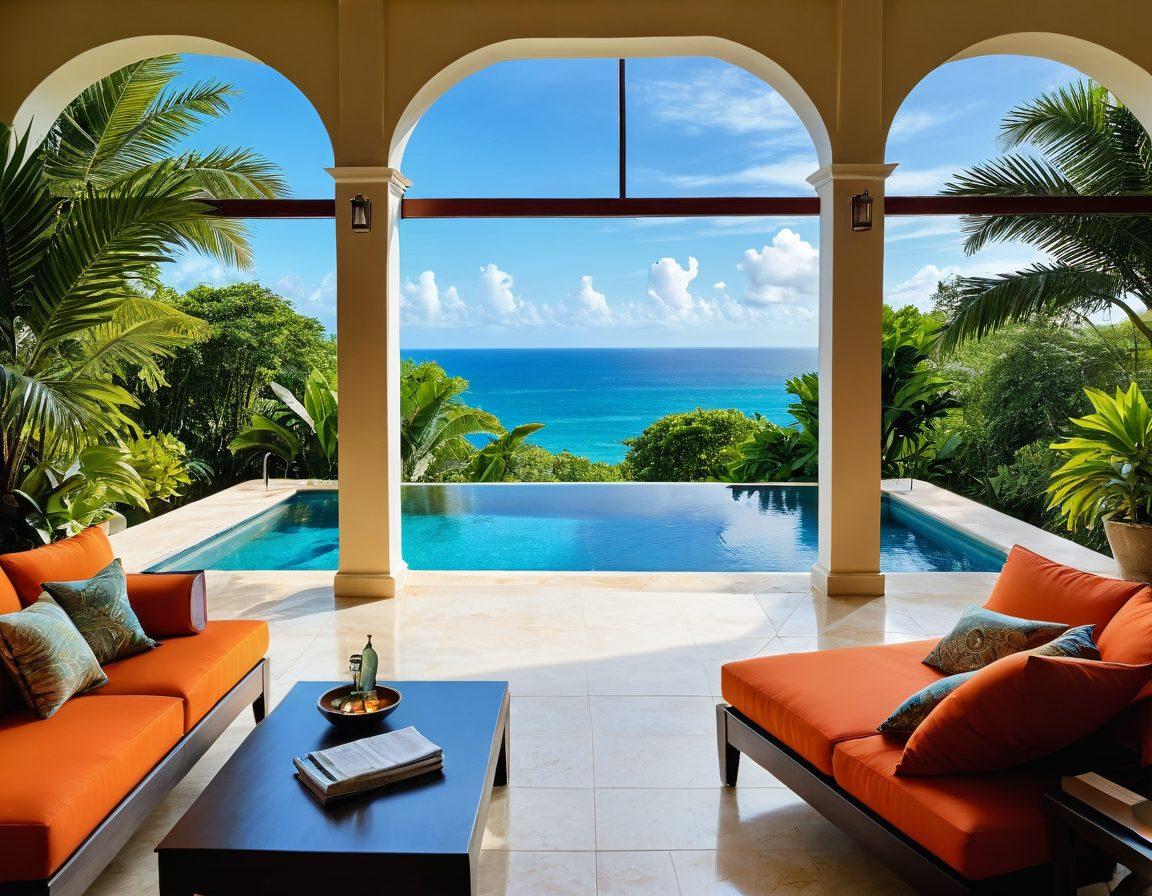 A beautifully designed vacation villa set against a stunning tropical backdrop, featuring elegant outdoor seating and lush greenery. Include a checklist overlay with desirable features like 'ocean view', 'private pool', and 'close to attractions'. The scene conveys relaxation and luxury, inviting viewers to dream about their holiday escape. vibrant colors. super-realistic. natural lighting.