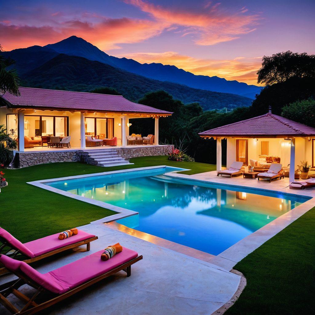 A collage showcasing a stunning exclusive villa with luxury amenities, contrasted against a cozy family-friendly cabin in a lush green landscape. Include joyful families enjoying a picnic outside and a couple relaxing by a private pool. The background features a beach sunset and mountains to symbolize diverse holiday destinations. Use warm and inviting colors to create a feeling of comfort and adventure. vibrant colors. super-realistic.