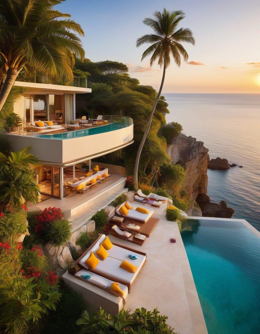 A stunning villa perched on a cliff overlooking a serene beach at sunset, featuring luxurious outdoor furniture, vibrant flowers, and a sparkling pool. The image should exude relaxation and adventure, with a family happily exploring the surroundings. Include elements like a map, key, and vacation essentials to symbolize discovery and planning. tropical paradise, bright colors, super-realistic.